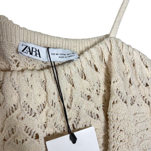 ZARA Knit Crochet Openwork Dress Ecru Off White Ruffle Strappy Size M NWT - Picture 6 of 10